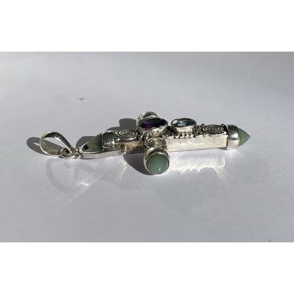 Nicky Butler-Style .925 Silver & Semi-Precious Gemstone Large Cross Pendant 3” - Picture 4 of 7